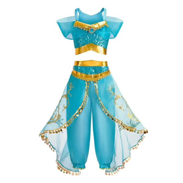 teal and gold princess costume for girls front view