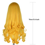 close-up of curly blonde wig with side-swept bangs