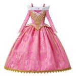 front view of rose pink princess costume with gold appliqué