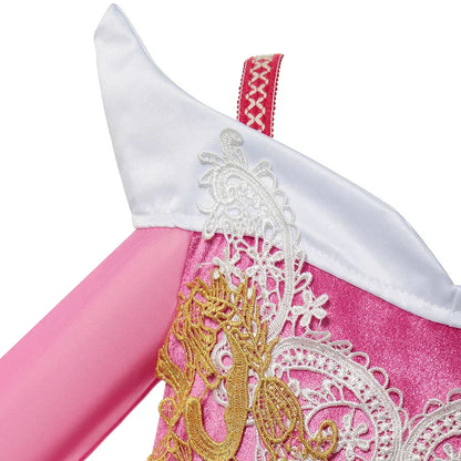 close-up of sheer pink sleeve with delicate princess costume trim