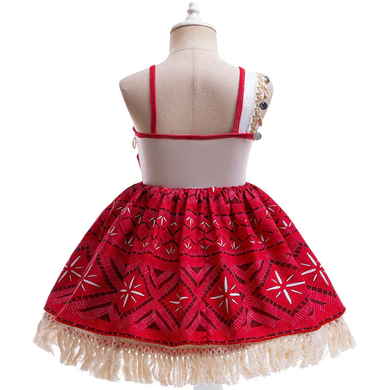 back view of tropical island-print princess dress with flowy skirt