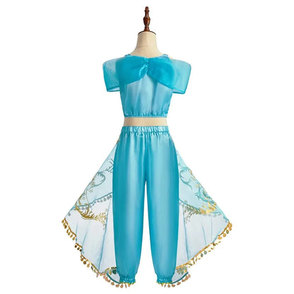 teal and gold princess costume for girls back view