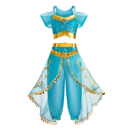 teal and gold princess costume for girls front view