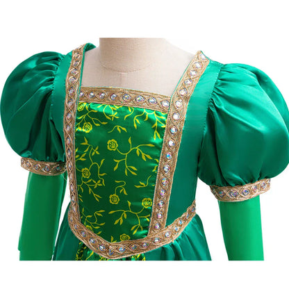 close-up of emerald green princess costume with gold embroidered bodice