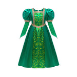 front view of emerald green princess costume with gold embroidery