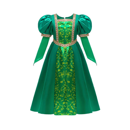 front view of emerald green princess costume with gold embroidery