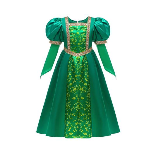 front view of emerald green princess costume with gold embroidery