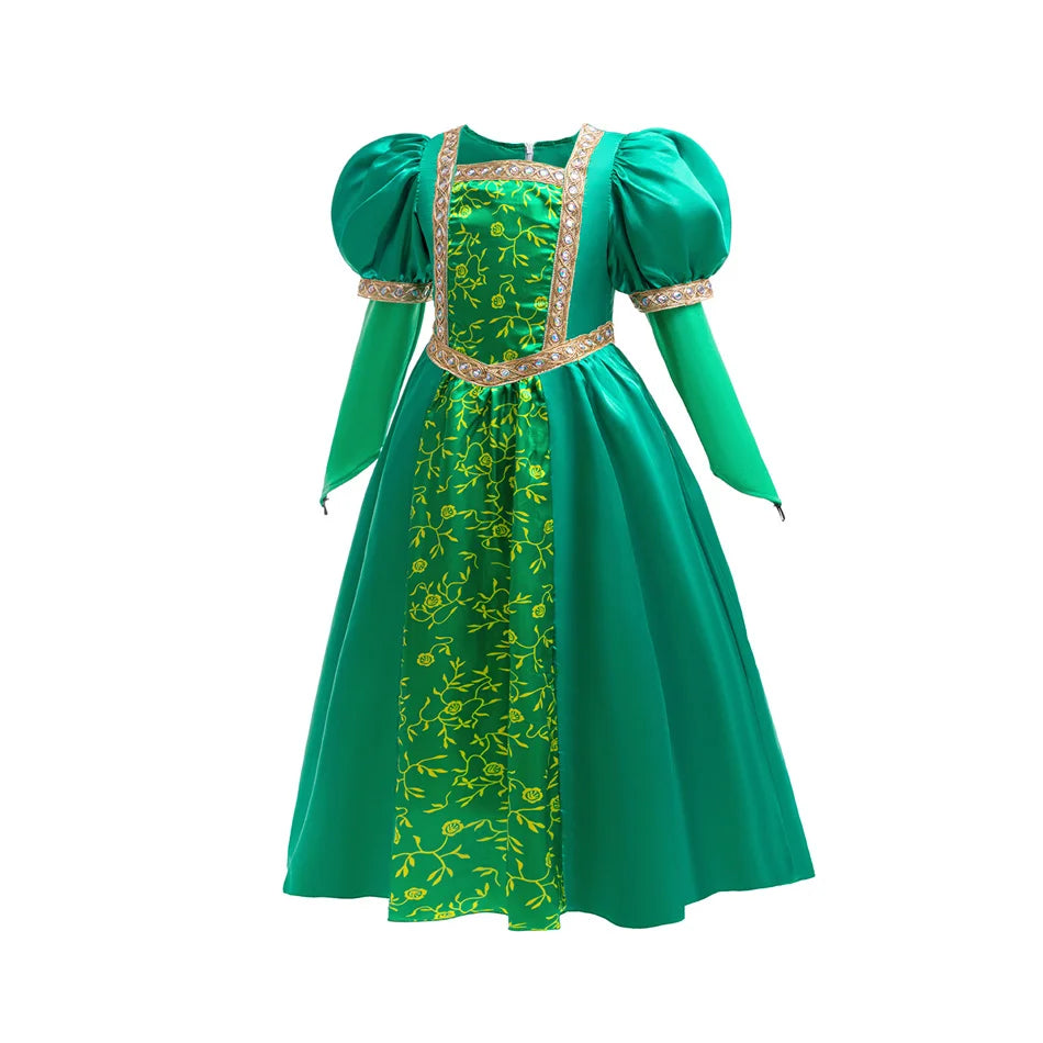 girls long-sleeve emerald gown with gold trim front view