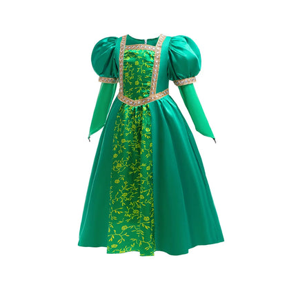 girls long-sleeve emerald gown with gold trim front view