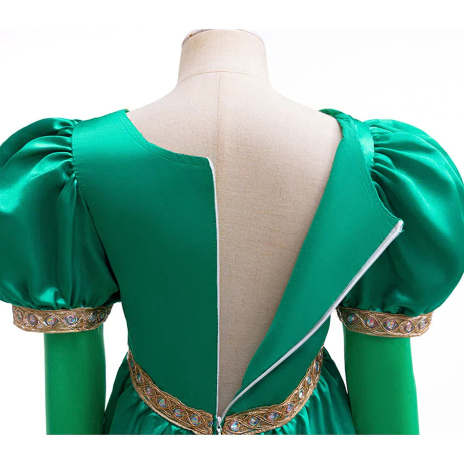 long-sleeve green kids gown with ziper shown from the back