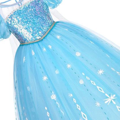 girls frostglow blue gown with layered mesh skirt front view
