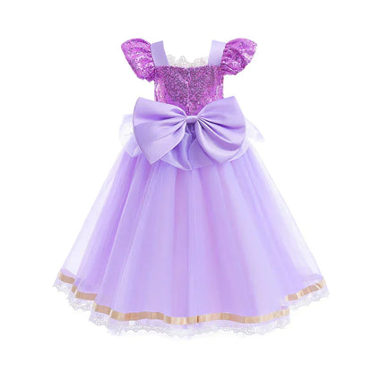 back view of lavender princess dress with lace-hem skirt