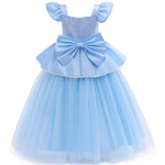 back view of sky-blue princess gown with soft mesh layers