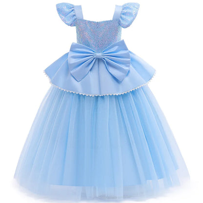 back view of sky-blue princess gown with soft mesh layers