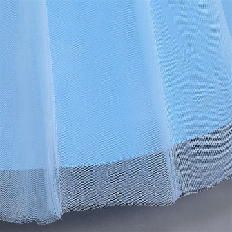hemline detail of layered sky-blue mesh skirt