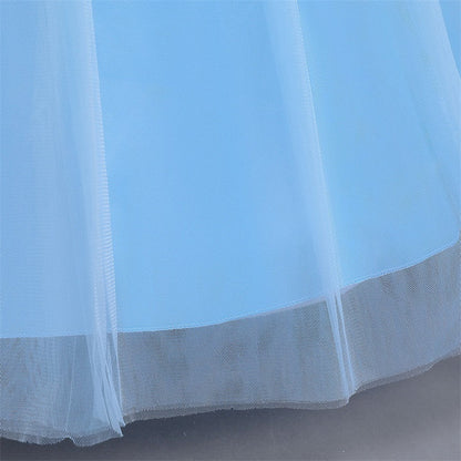 hemline detail of layered sky-blue mesh skirt