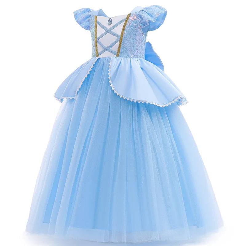 girls sky-blue gown with layered mesh skirt front view