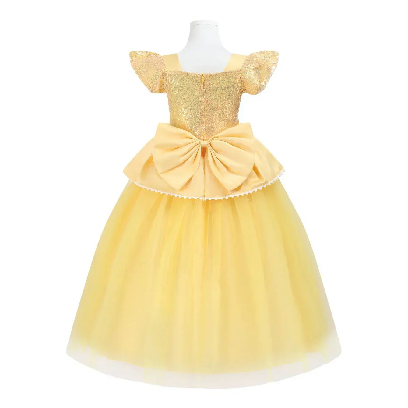 back view of gold princess gown with mid-calf layered skirt