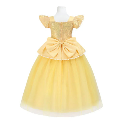 back view of gold princess gown with mid-calf layered skirt