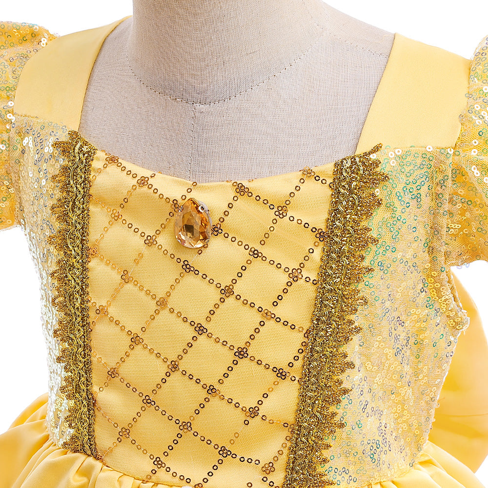 close-up of sequined bodice and gold embroidery on princess costume