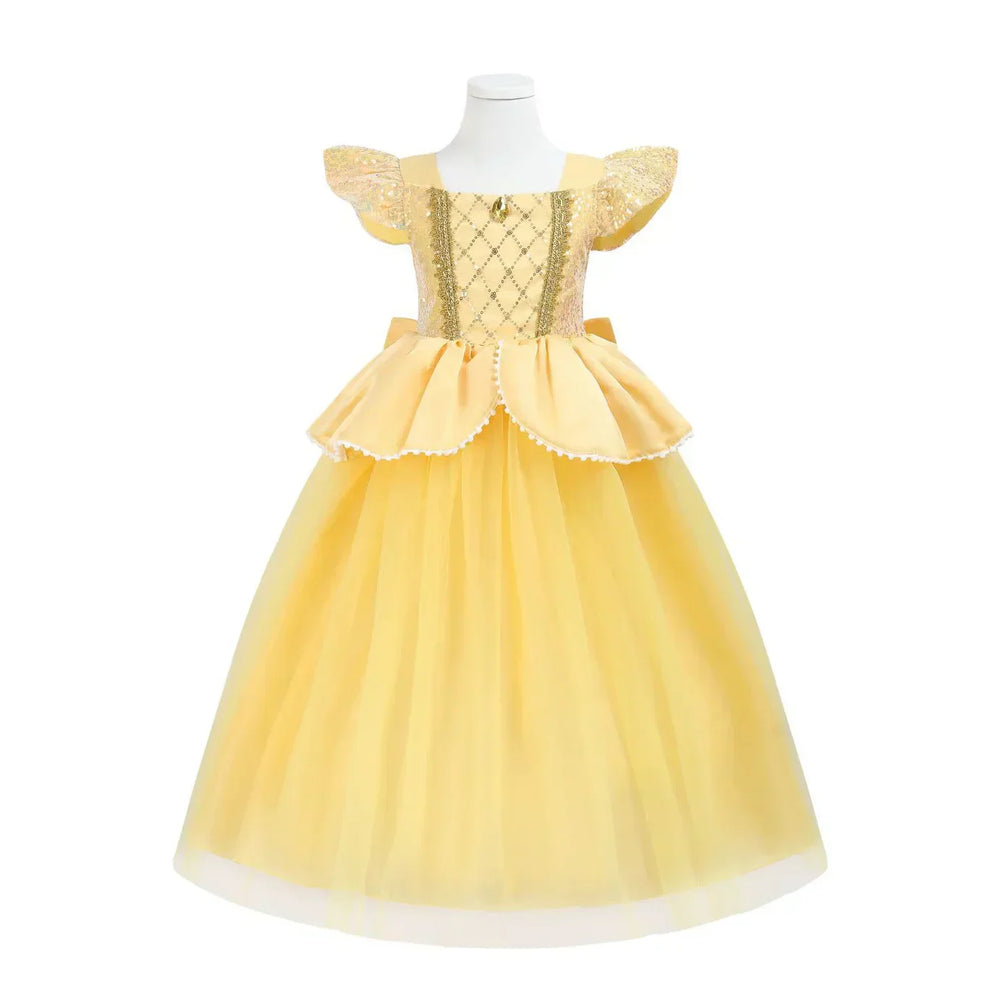 front view of gold princess costume with sequined bodice