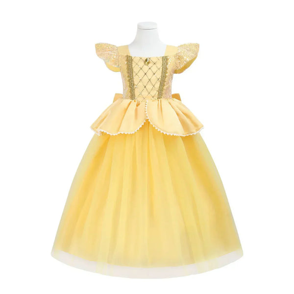 front view of gold princess costume with sequined bodice